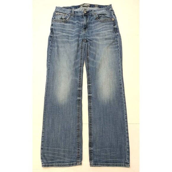 BKE Buckle Jeans Mens 34 Derek Bootleg Relaxed Whiskered Stretch Low Rise Denim - Picture 1 of 10